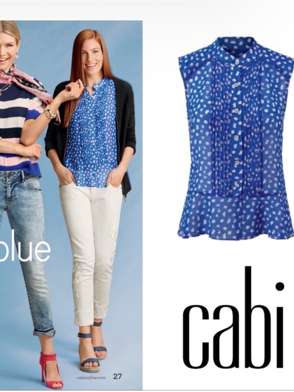 CAbi 5530 Electric Blue Printed Sleeveless Pleated Peplum Blouse XL